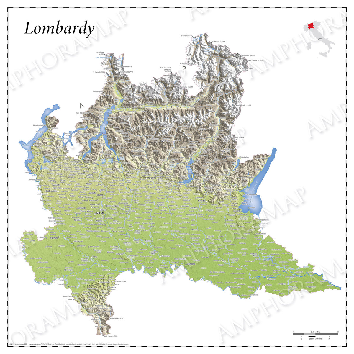 Lombardy Topographic Relief Map
