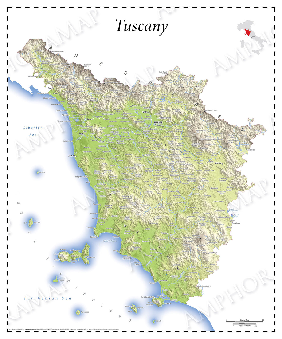 Tuscany Topographic Relief Map