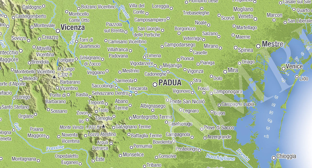 Veneto, Trentino-Alto Adige, & Friuli-Venezia Giulia Topographic Relief Map