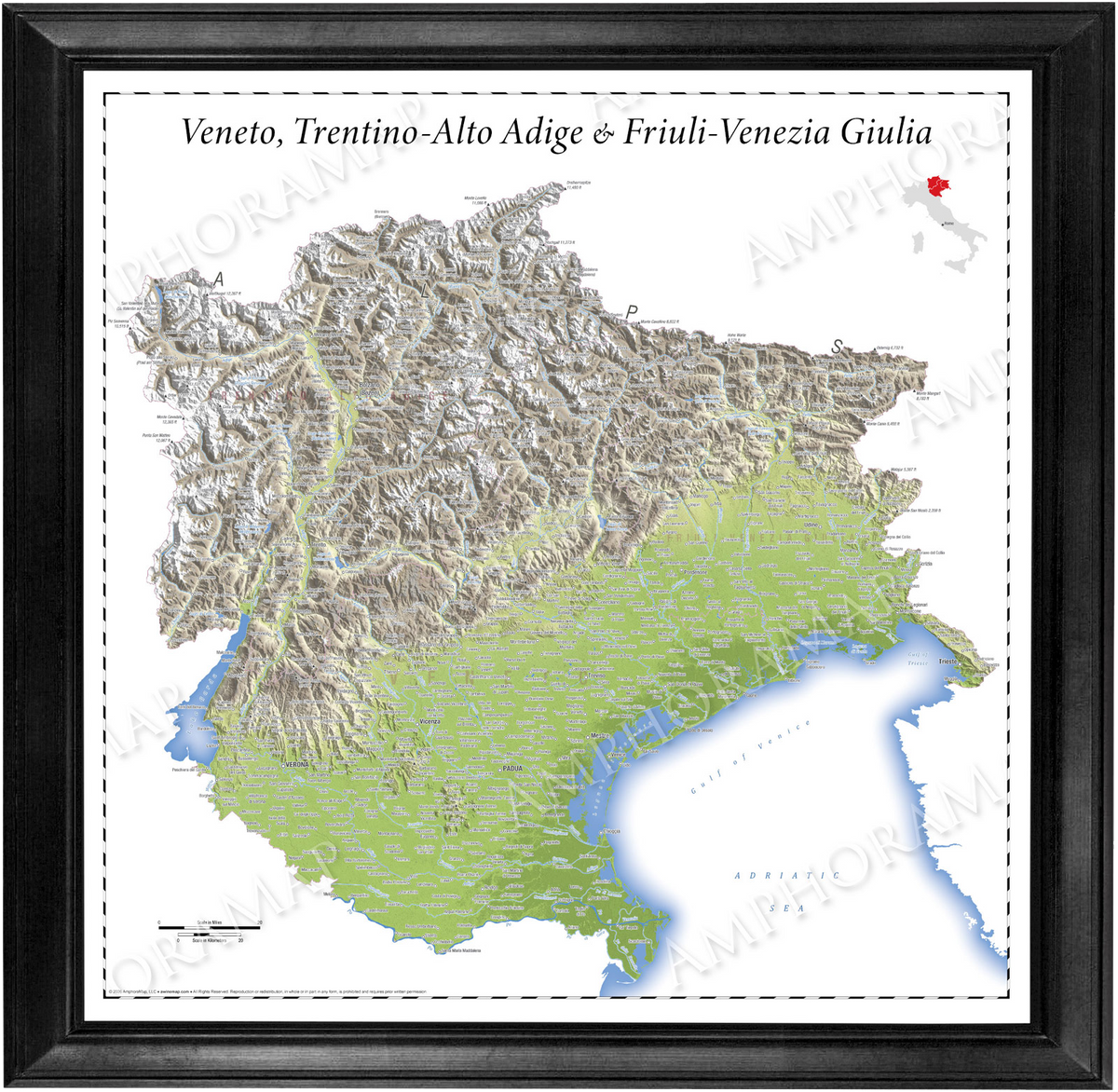 Veneto, Trentino-Alto Adige, & Friuli-Venezia Giulia Topographic Relief Map