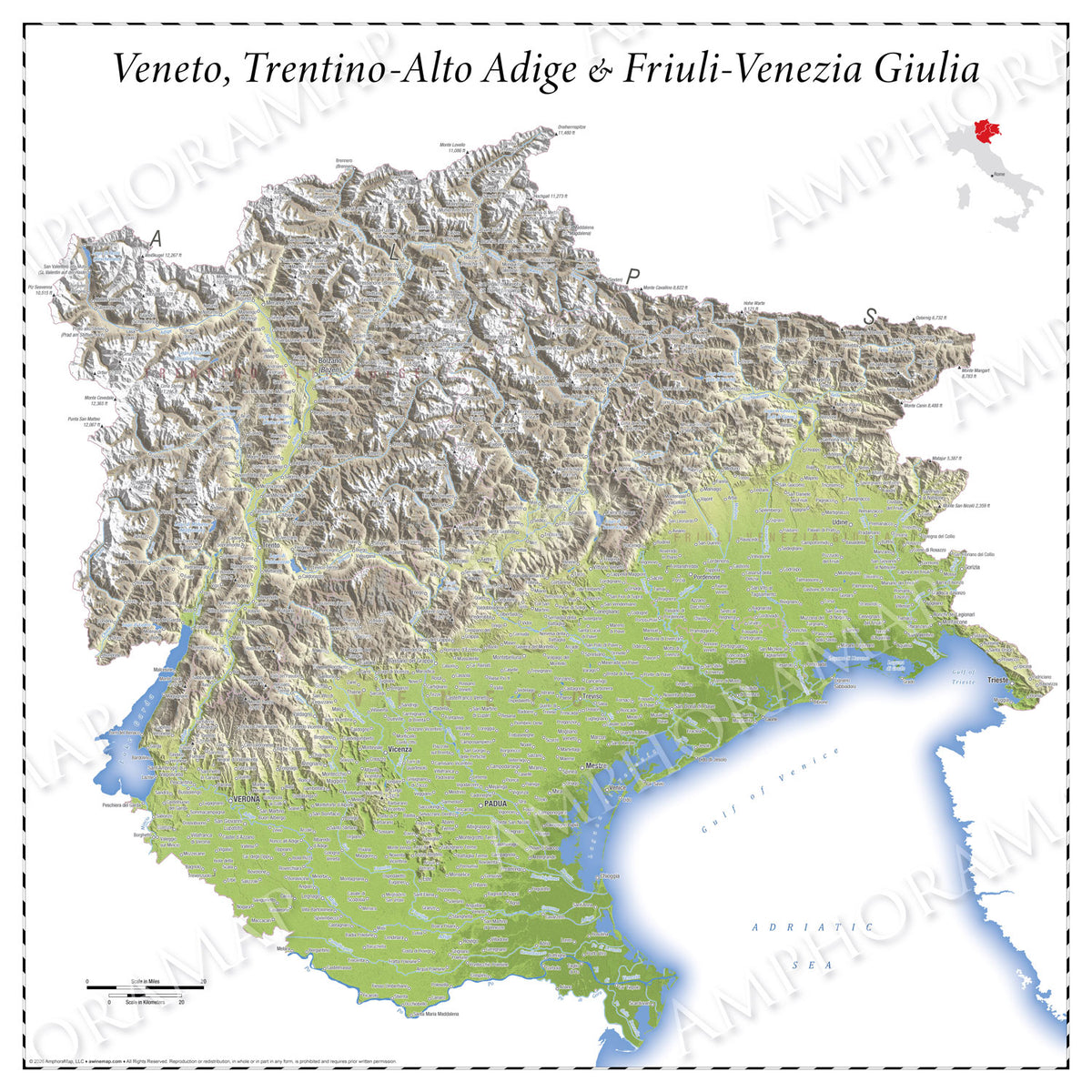 Veneto, Trentino-Alto Adige, & Friuli-Venezia Giulia Topographic Relief Map